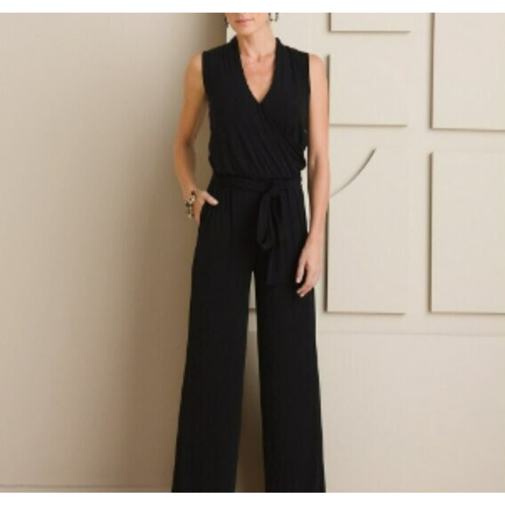 Chico's Black Sleeveless Surplice Wide-Leg Jumpsuit with Tie Waist Size 4.
